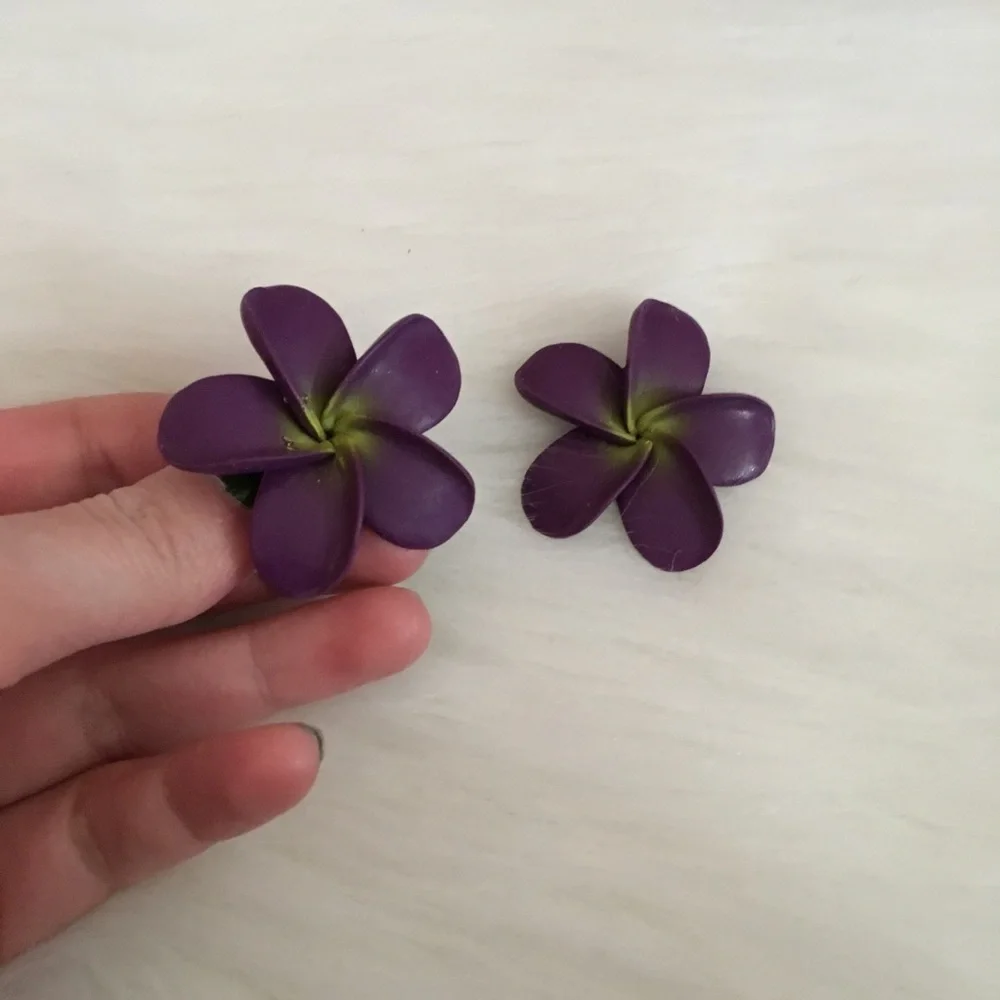 Purple and Yellow Hawaiian Flower Clip On Earrings